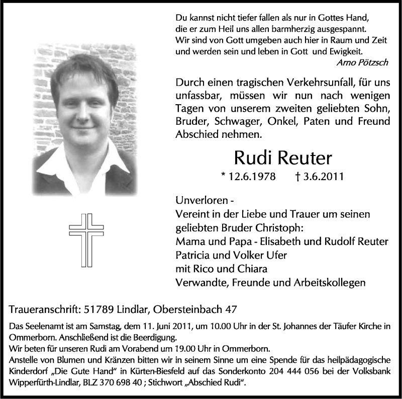  Traueranzeige für Rudi Reuter vom 09.06.2011 aus Kölner Stadt-Anzeiger / Kölnische Rundschau / Express