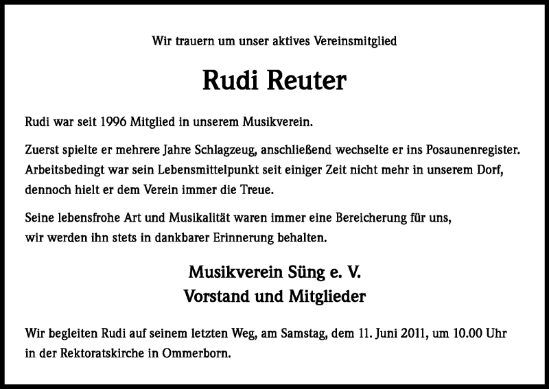  Traueranzeige für Rudi Reuter vom 10.06.2011 aus Kölner Stadt-Anzeiger / Kölnische Rundschau / Express