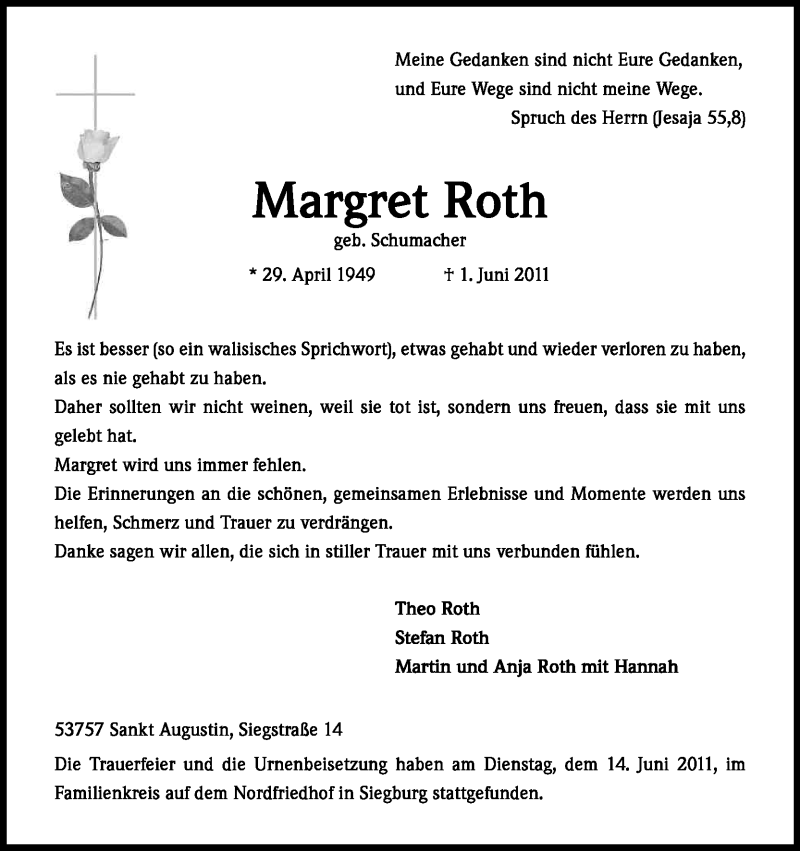  Traueranzeige für Margret Roth vom 18.06.2011 aus Kölner Stadt-Anzeiger / Kölnische Rundschau / Express