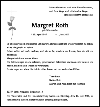 Anzeige von Margret Roth von Kölner Stadt-Anzeiger / Kölnische Rundschau / Express