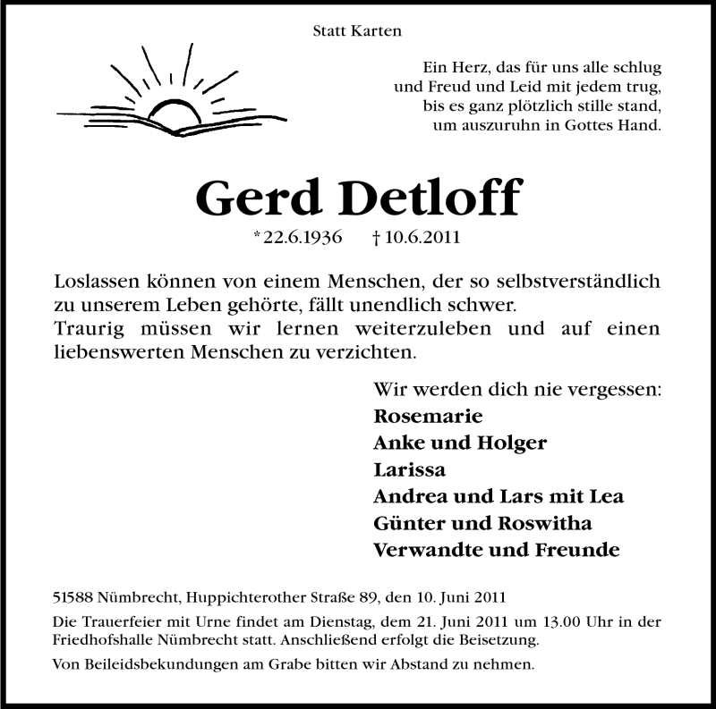  Traueranzeige für Gerd Detloff vom 15.06.2011 aus Kölner Stadt-Anzeiger / Kölnische Rundschau / Express