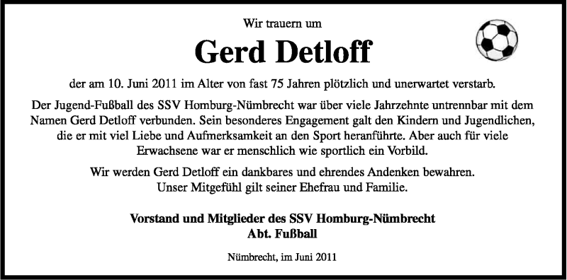  Traueranzeige für Gerd Detloff vom 15.06.2011 aus Kölner Stadt-Anzeiger / Kölnische Rundschau / Express