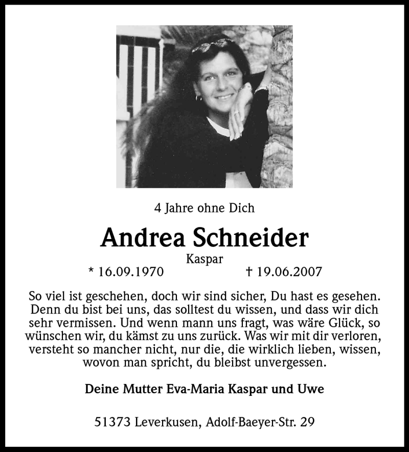  Traueranzeige für Andrea Schneider vom 18.06.2011 aus Kölner Stadt-Anzeiger / Kölnische Rundschau / Express