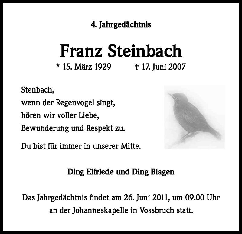  Traueranzeige für Franz Steinbach vom 17.06.2011 aus Kölner Stadt-Anzeiger / Kölnische Rundschau / Express