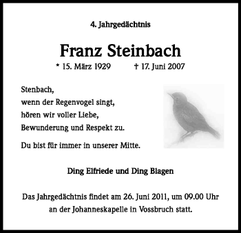 Anzeige von Franz Steinbach von Kölner Stadt-Anzeiger / Kölnische Rundschau / Express