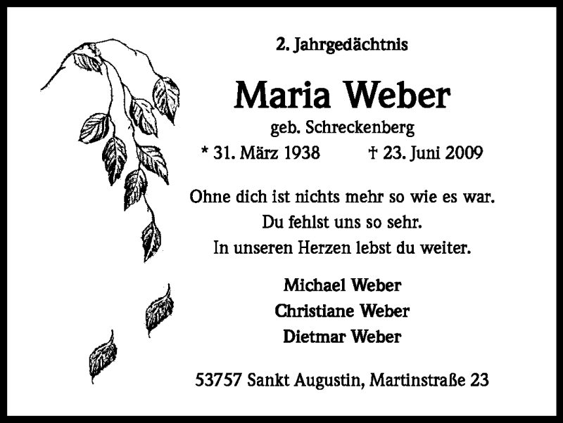  Traueranzeige für Maria Weber vom 25.06.2011 aus Kölner Stadt-Anzeiger / Kölnische Rundschau / Express