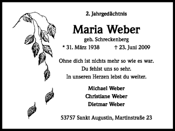 Anzeige von Maria Weber von Kölner Stadt-Anzeiger / Kölnische Rundschau / Express