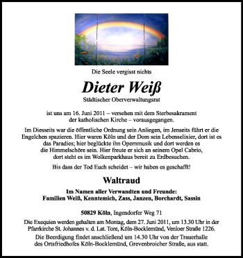 Anzeige von Dieter Weiß von Kölner Stadt-Anzeiger / Kölnische Rundschau / Express