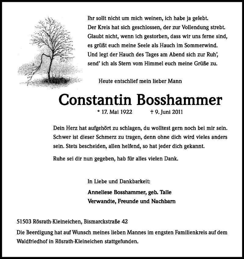  Traueranzeige für Constantin Bosshammer vom 25.06.2011 aus Kölner Stadt-Anzeiger / Kölnische Rundschau / Express