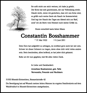 Anzeige von Constantin Bosshammer von Kölner Stadt-Anzeiger / Kölnische Rundschau / Express