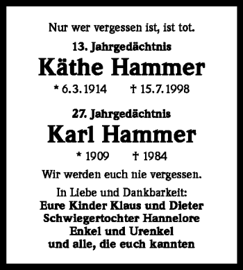 Anzeige von Käthe Hammer von Kölner Stadt-Anzeiger / Kölnische Rundschau / Express