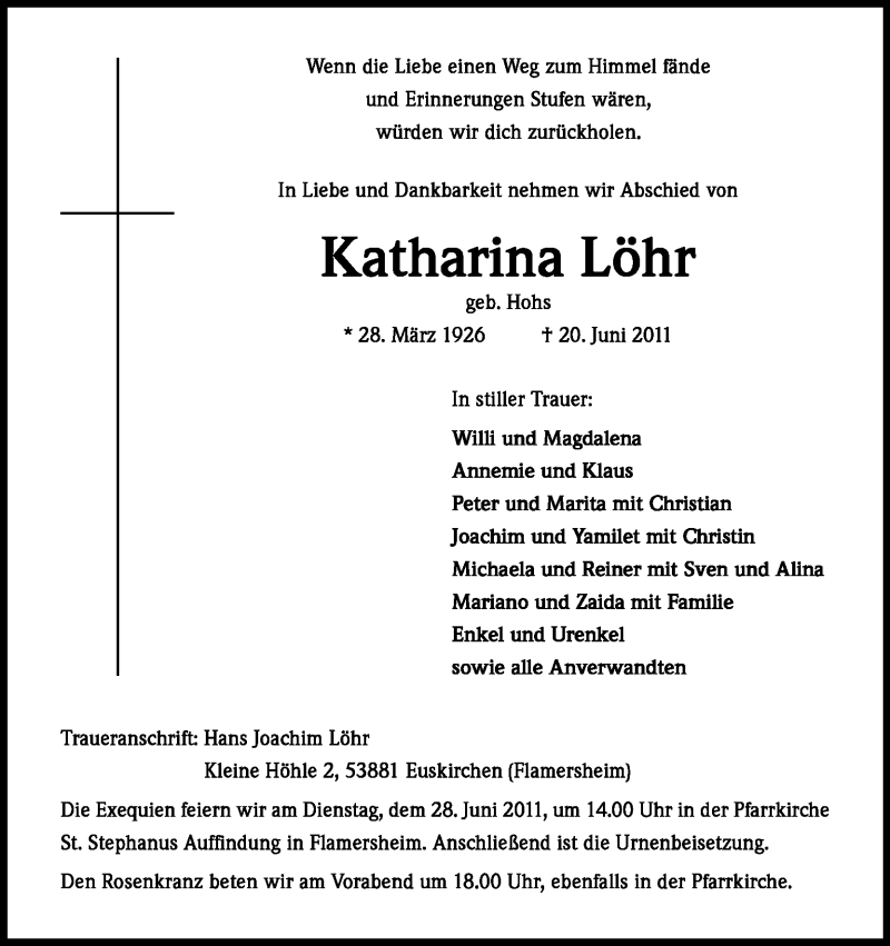  Traueranzeige für Katharina Löhr vom 25.06.2011 aus Kölner Stadt-Anzeiger / Kölnische Rundschau / Express