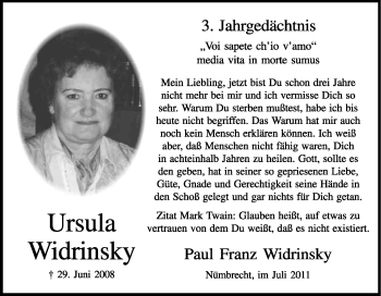 Anzeige von Ursula Widrinsky von Kölner Stadt-Anzeiger / Kölnische Rundschau / Express