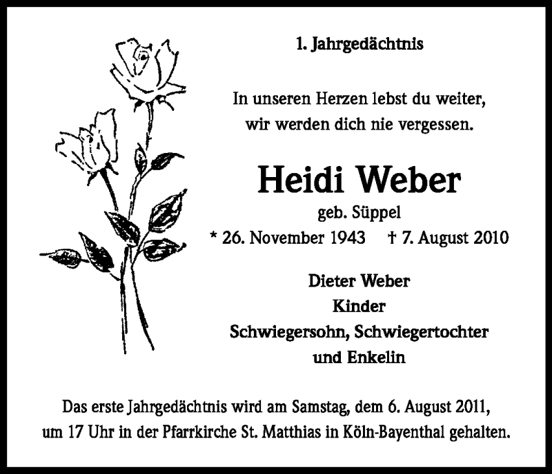  Traueranzeige für Heidi Weber vom 06.08.2011 aus Kölner Stadt-Anzeiger / Kölnische Rundschau / Express