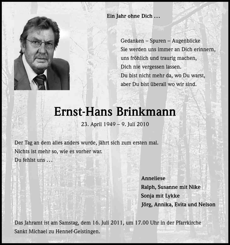  Traueranzeige für Ernst-Hans Brinkmann vom 09.07.2011 aus Kölner Stadt-Anzeiger / Kölnische Rundschau / Express