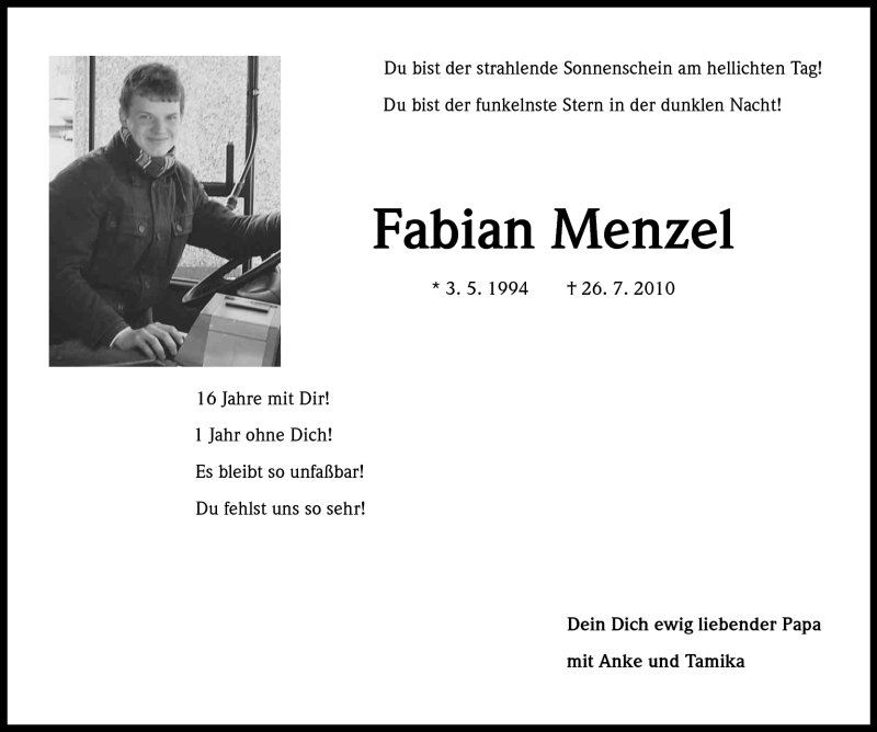  Traueranzeige für Fabian Menzel vom 26.07.2011 aus Kölner Stadt-Anzeiger / Kölnische Rundschau / Express