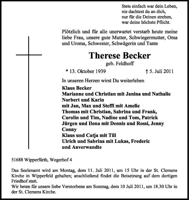  Traueranzeige für Therese Becker vom 07.07.2011 aus Kölner Stadt-Anzeiger / Kölnische Rundschau / Express