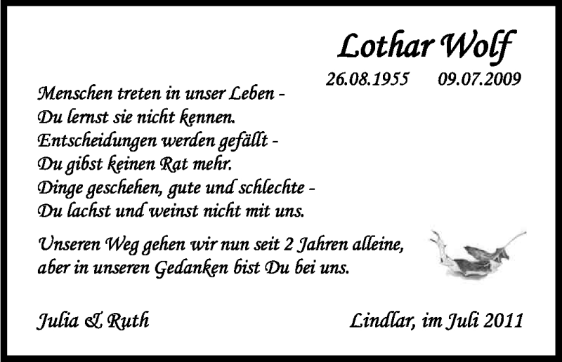 Traueranzeige für Lothar Wolf vom 09.07.2011 aus Kölner Stadt-Anzeiger / Kölnische Rundschau / Express