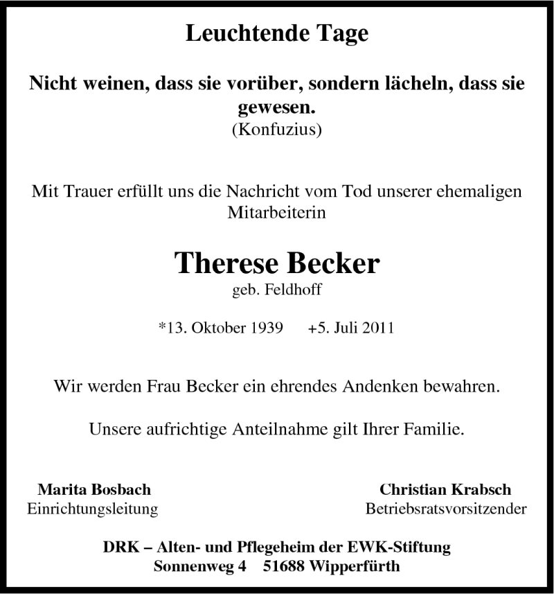  Traueranzeige für Therese Becker vom 09.07.2011 aus Kölner Stadt-Anzeiger / Kölnische Rundschau / Express