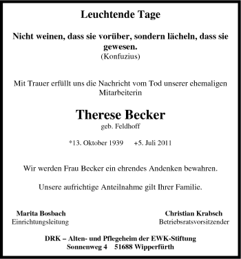 Anzeige von Therese Becker von Kölner Stadt-Anzeiger / Kölnische Rundschau / Express