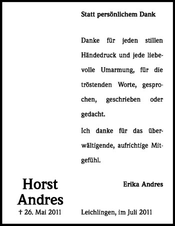 Anzeige von Horst Andres von Kölner Stadt-Anzeiger / Kölnische Rundschau / Express