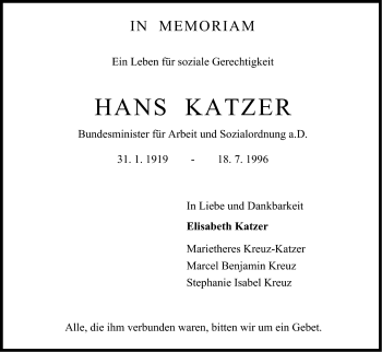 Anzeige von Hans Katzer von Kölner Stadt-Anzeiger / Kölnische Rundschau / Express