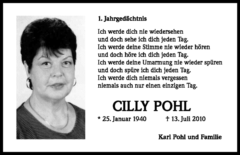  Traueranzeige für Cilly Pohl vom 13.07.2011 aus Kölner Stadt-Anzeiger / Kölnische Rundschau / Express