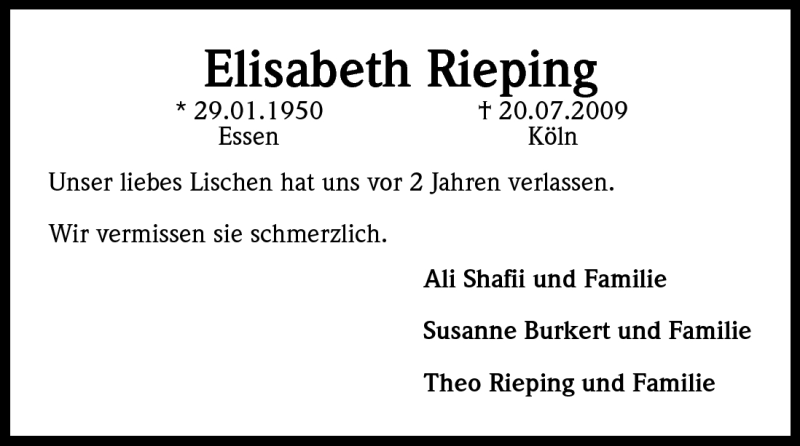  Traueranzeige für Elisabeth Rieping vom 20.07.2011 aus Kölner Stadt-Anzeiger / Kölnische Rundschau / Express