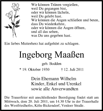 Anzeige von Ingeborg Maaßen von Kölner Stadt-Anzeiger / Kölnische Rundschau / Express