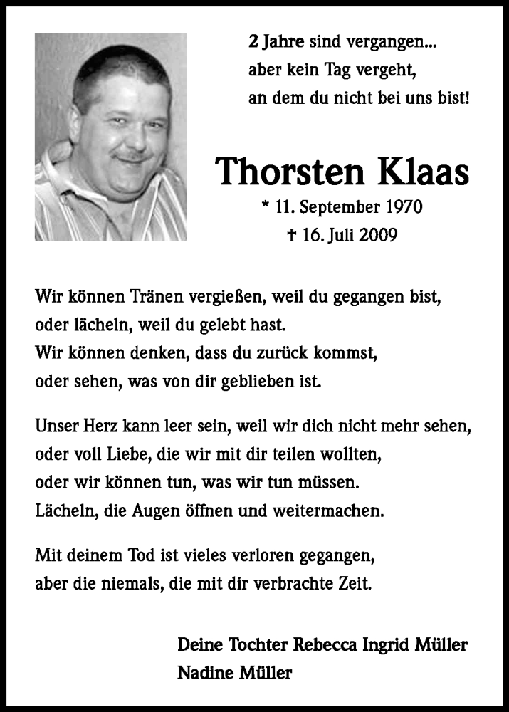  Traueranzeige für Thorsten Klaas vom 16.07.2011 aus Kölner Stadt-Anzeiger / Kölnische Rundschau / Express