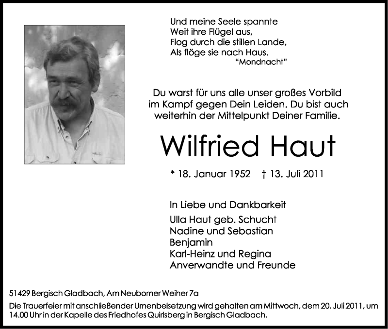  Traueranzeige für Wilfried Haut vom 16.07.2011 aus Kölner Stadt-Anzeiger / Kölnische Rundschau / Express