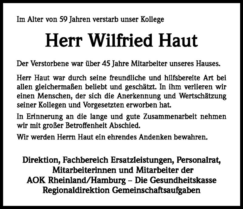  Traueranzeige für Wilfried Haut vom 20.07.2011 aus Kölner Stadt-Anzeiger / Kölnische Rundschau / Express