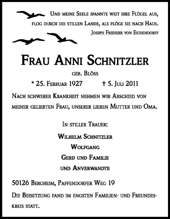 Anzeige von Anni Schnitzler von Kölner Stadt-Anzeiger / Kölnische Rundschau / Express