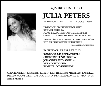 Anzeige von Julia Peters von Kölner Stadt-Anzeiger / Kölnische Rundschau / Express