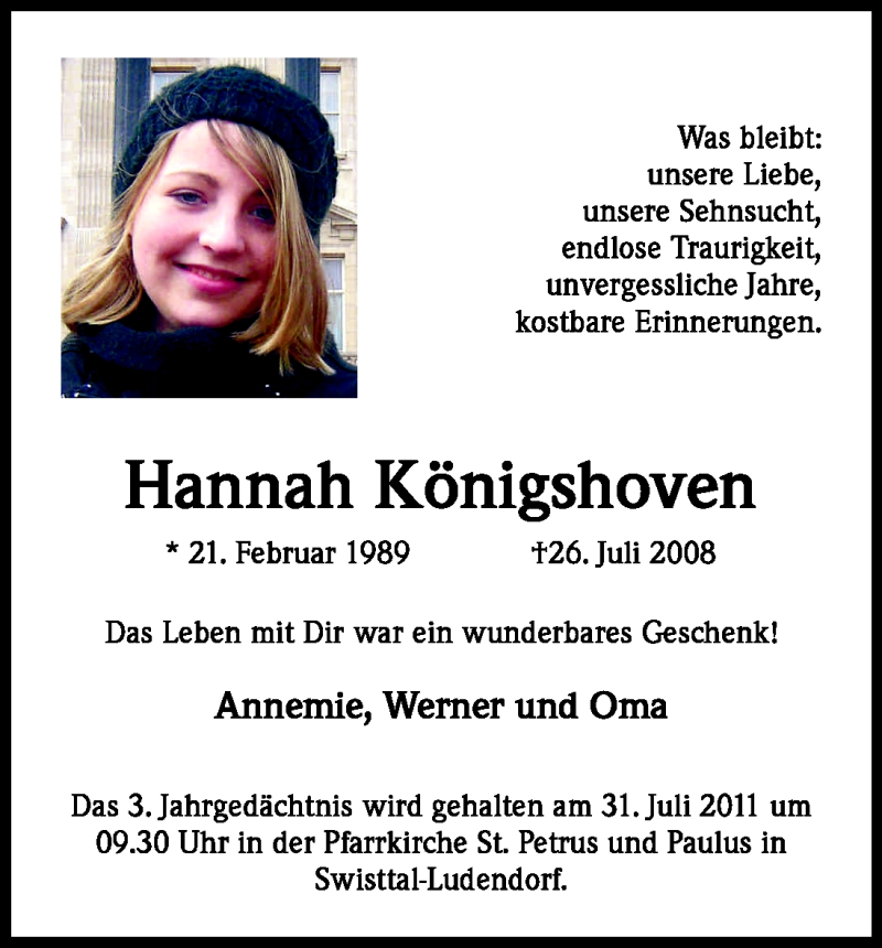  Traueranzeige für Hannah Königshoven vom 26.07.2011 aus Kölner Stadt-Anzeiger / Kölnische Rundschau / Express