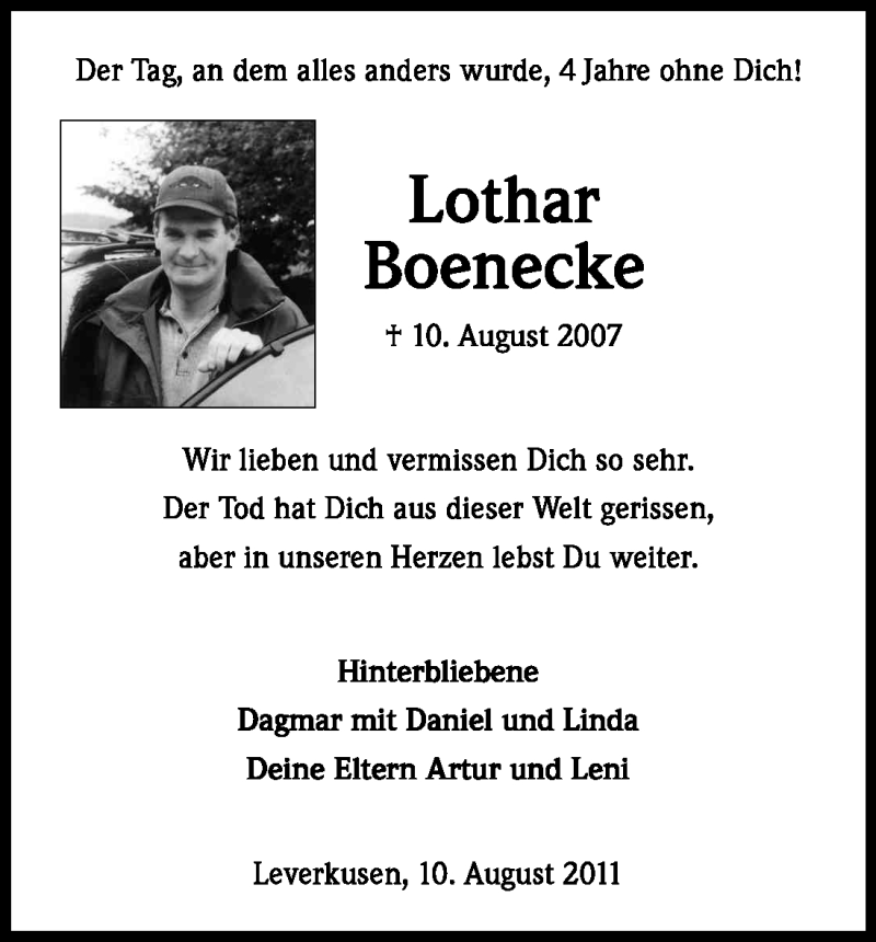  Traueranzeige für Lothar Boenecke vom 10.08.2011 aus Kölner Stadt-Anzeiger / Kölnische Rundschau / Express