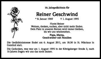 Anzeige von Reiner Geschwind von Kölner Stadt-Anzeiger / Kölnische Rundschau / Express