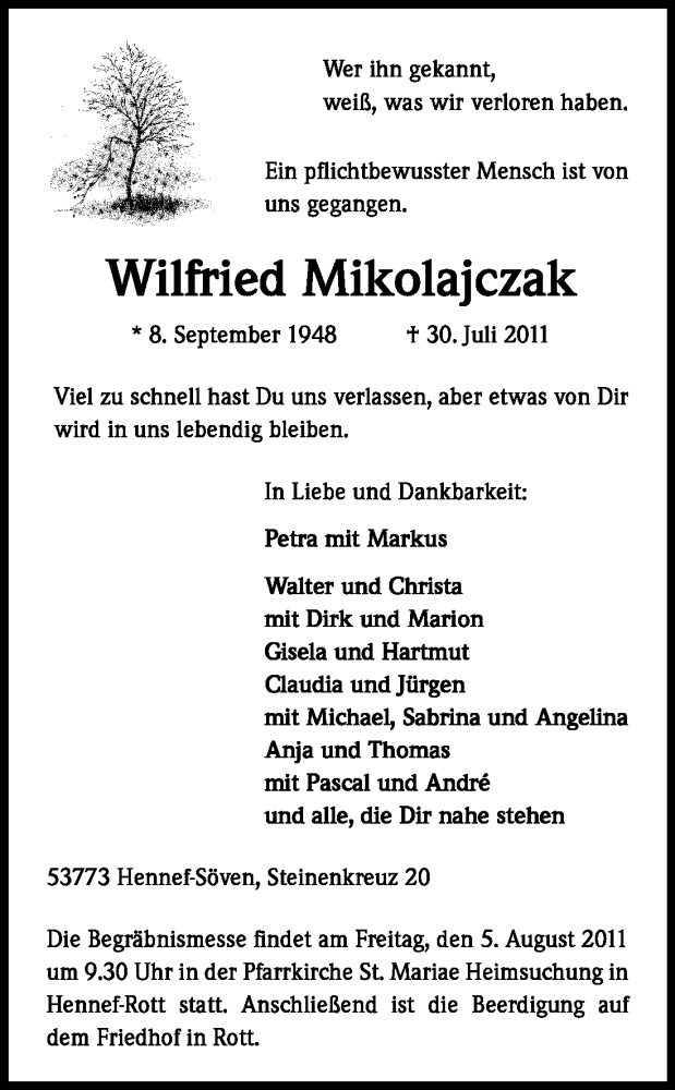  Traueranzeige für Wilfried Mikolajczak vom 02.08.2011 aus Kölner Stadt-Anzeiger / Kölnische Rundschau / Express
