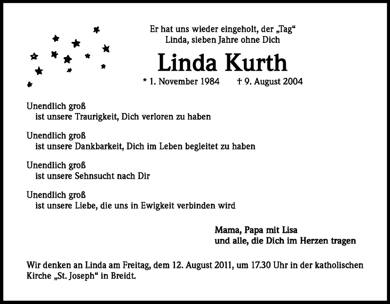  Traueranzeige für Linda Kurth vom 09.08.2011 aus Kölner Stadt-Anzeiger / Kölnische Rundschau / Express