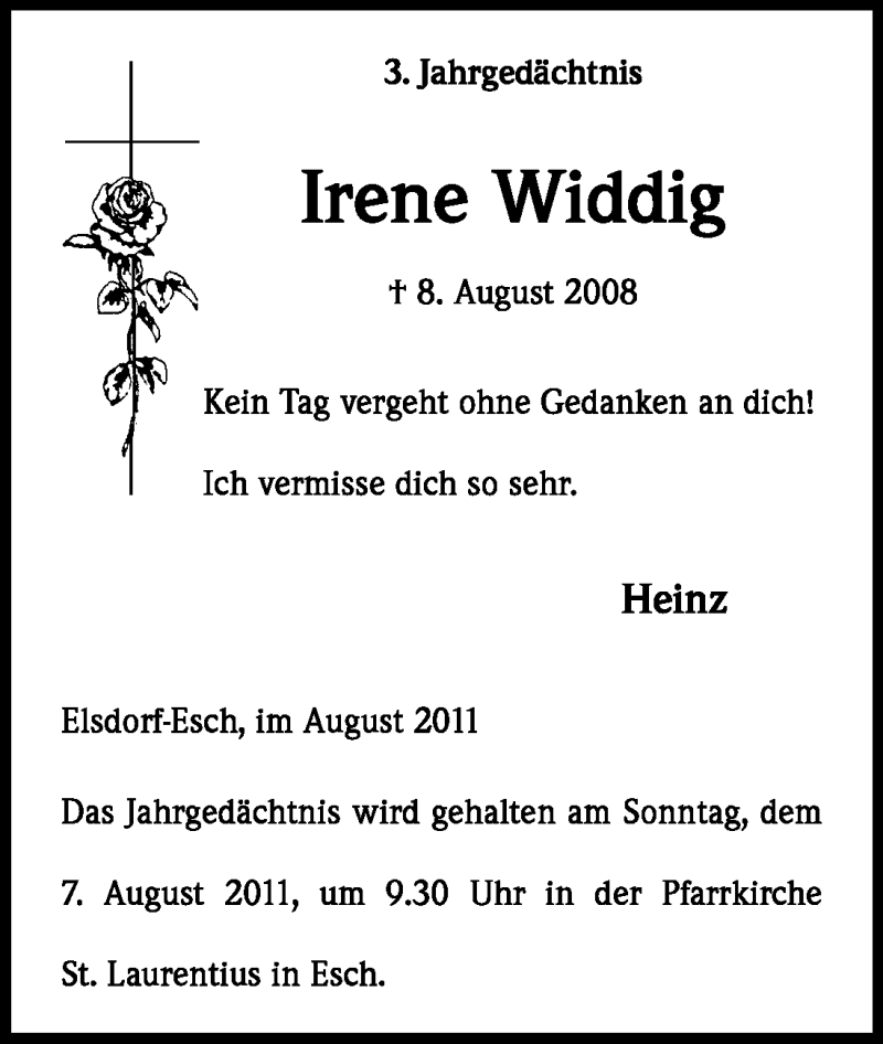  Traueranzeige für Irene Widdig vom 03.08.2011 aus Kölner Stadt-Anzeiger / Kölnische Rundschau / Express