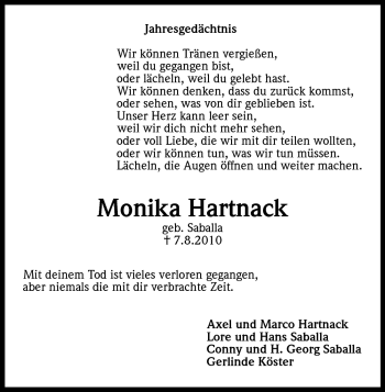 Anzeige von Monika Hartnack von Kölner Stadt-Anzeiger / Kölnische Rundschau / Express
