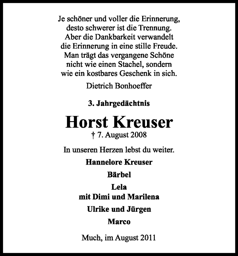  Traueranzeige für Horst Kreuser vom 06.08.2011 aus Kölner Stadt-Anzeiger / Kölnische Rundschau / Express