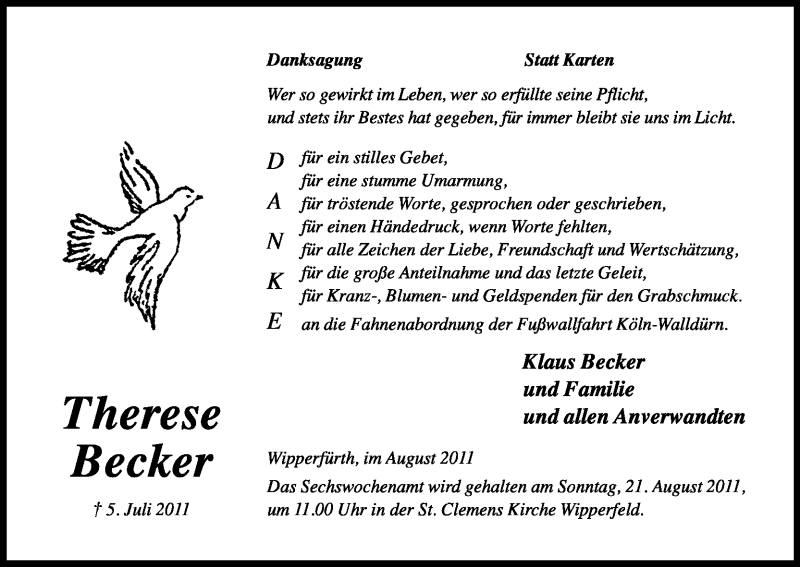  Traueranzeige für Therese Becker vom 13.08.2011 aus Kölner Stadt-Anzeiger / Kölnische Rundschau / Express