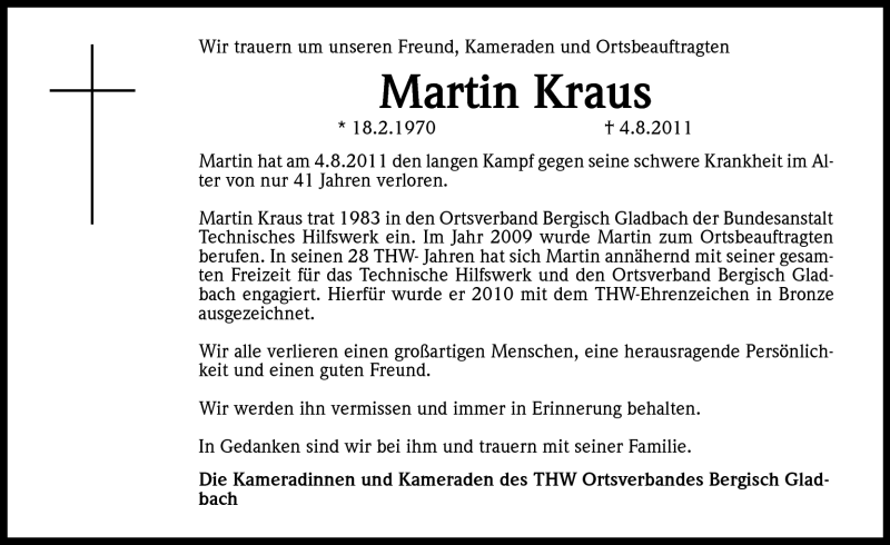  Traueranzeige für Martin Kraus vom 10.08.2011 aus Kölner Stadt-Anzeiger / Kölnische Rundschau / Express