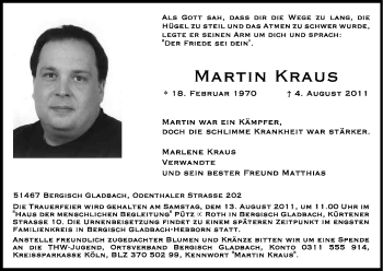 Anzeige von Martin Kraus von Kölner Stadt-Anzeiger / Kölnische Rundschau / Express