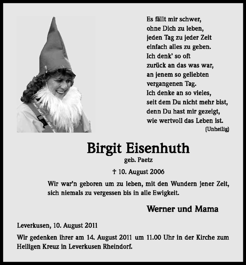  Traueranzeige für Birgit Eisenhuth vom 10.08.2011 aus Kölner Stadt-Anzeiger / Kölnische Rundschau / Express
