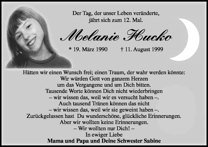 Traueranzeige für Melanie Hucko vom 11.08.2011 aus Kölner Stadt-Anzeiger / Kölnische Rundschau / Express