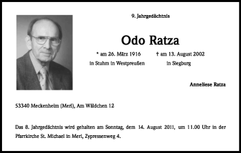 Anzeige von Odo Ratza von Kölner Stadt-Anzeiger / Kölnische Rundschau / Express