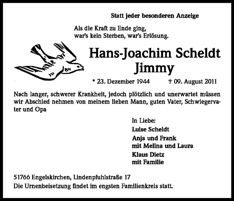  Traueranzeige für Hans-Joachim Scheldt vom 13.08.2011 aus Kölner Stadt-Anzeiger / Kölnische Rundschau / Express