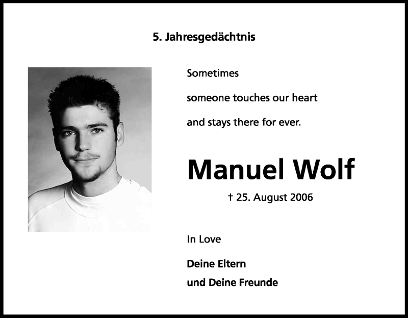  Traueranzeige für Manuel Wolf vom 25.08.2011 aus Kölner Stadt-Anzeiger / Kölnische Rundschau / Express